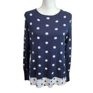 CROWN & IVY Womens Sz XS Top Navy Blue White Polka Dot L/S Layered Knit NWT Flaw